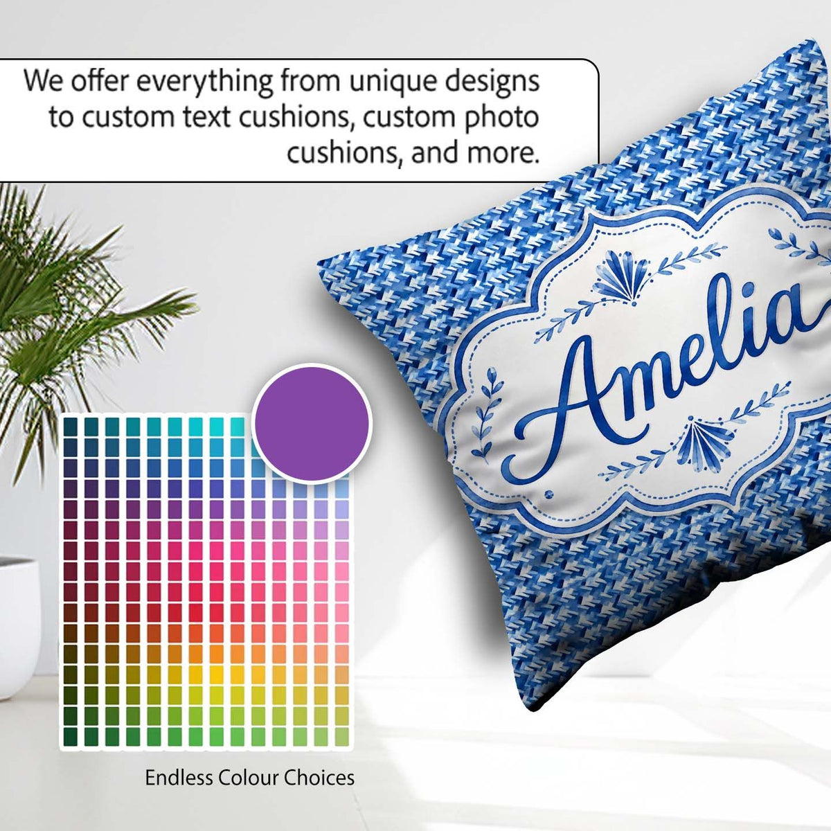 Custom Name Blue Abstract Brush Stroke Texture Pattern Name Cute Square Filled Cushion Throw Pillow Sofa Bed Home Decor Zip Washable UK Made