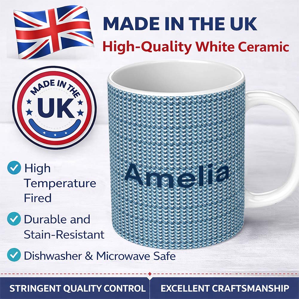 Personalized Custom Name Blue White Mini Geometric Camouflage Seamless Pattern Name Cute 11oz Ceramic Coffee Tea Mug White Large Handle