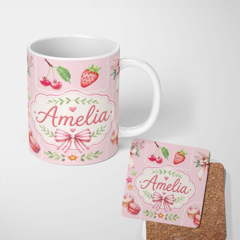 Personalized Custom Name Cute Strawberry Cherry Ribbon Bow Sweet Dessert Pattern Soft Pink 11oz Ceramic Coffee Tea Mug White Large Handle