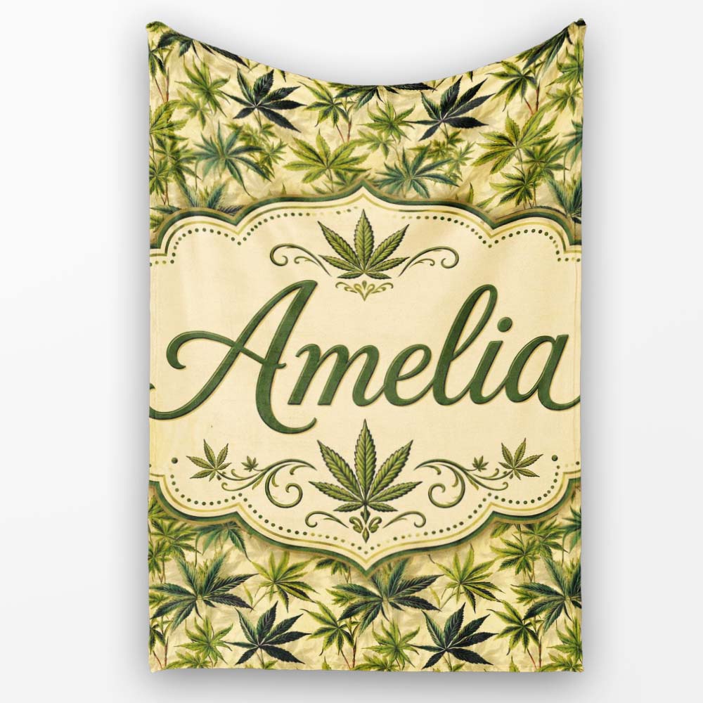 Natural Green Cannabis Leaf Botanical Seamless Pattern Name Cute Personalised Custom Name Super Soft Fleece Blanket Bed Sofa Throw