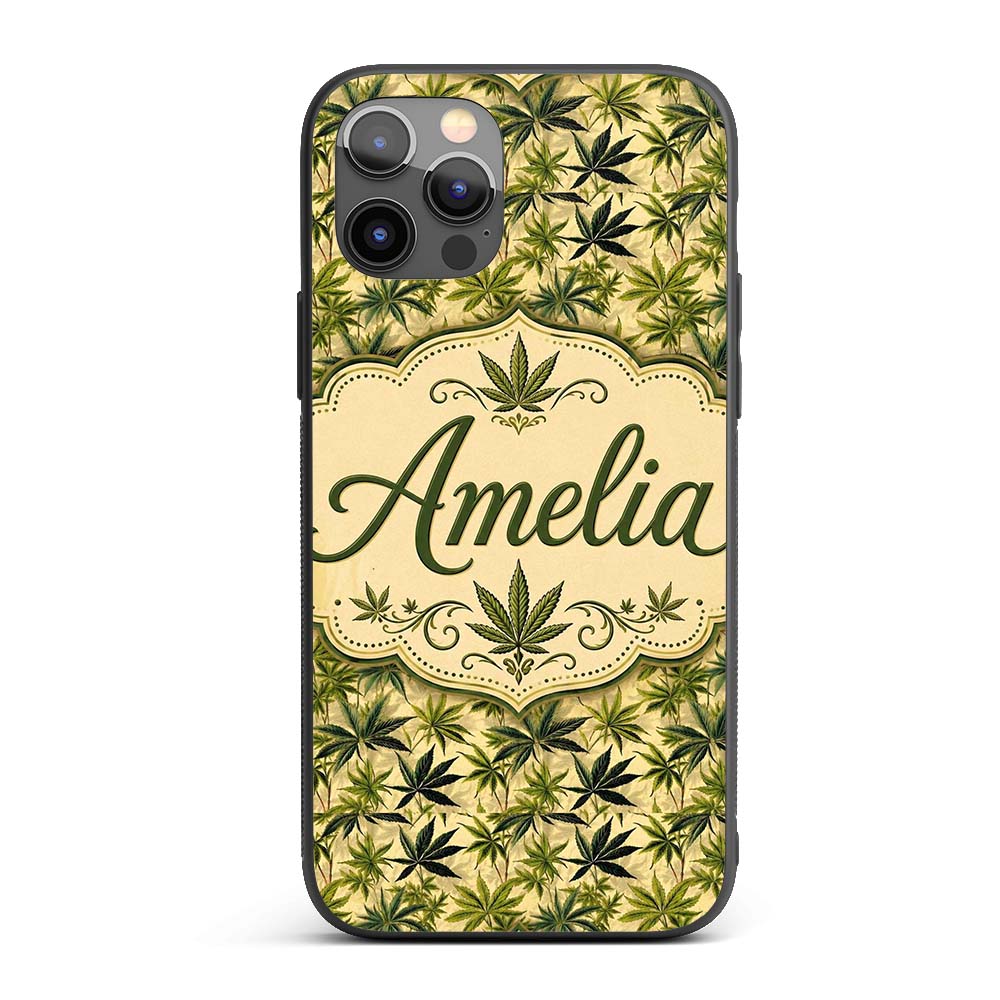 Natural Green Cannabis Leaf Botanical Seamless Custom Name Protective Phone Case Mobile Cover Durable Everyday Smartphone Shock Resistant