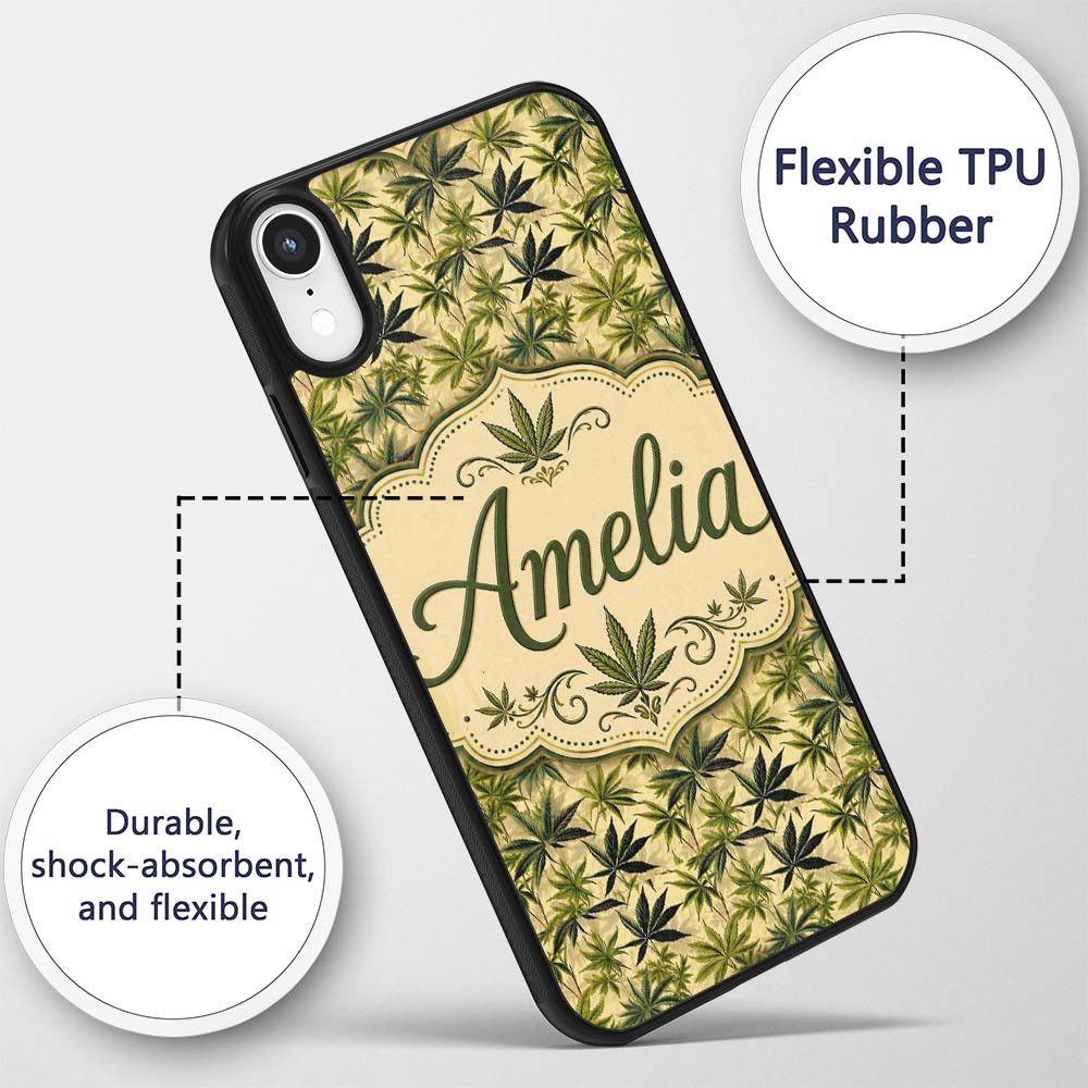 Natural Green Cannabis Leaf Botanical Seamless Custom Name Protective Phone Case Mobile Cover Durable Everyday Smartphone Shock Resistant