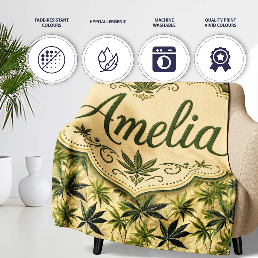 Natural Green Cannabis Leaf Botanical Seamless Pattern Name Cute Personalised Custom Name Super Soft Fleece Blanket Bed Sofa Throw