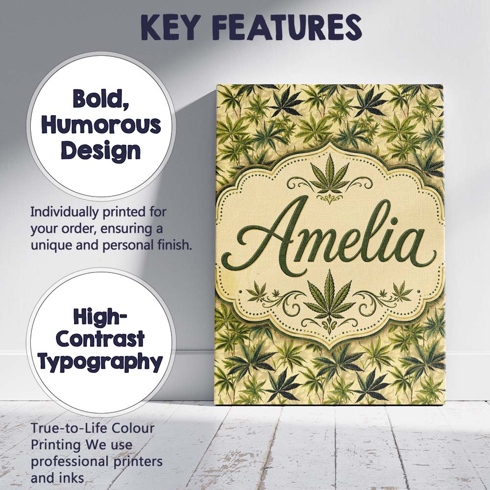 Personalised Name Natural Green Cannabis Custom Unique Gift Idea Elegant Feature Canvas Wall Art Print Decor Picture Ready to Hang