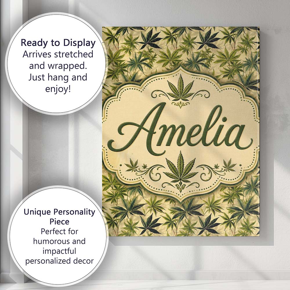 Personalised Name Natural Green Cannabis Custom Unique Gift Idea Elegant Feature Canvas Wall Art Print Decor Picture Ready to Hang
