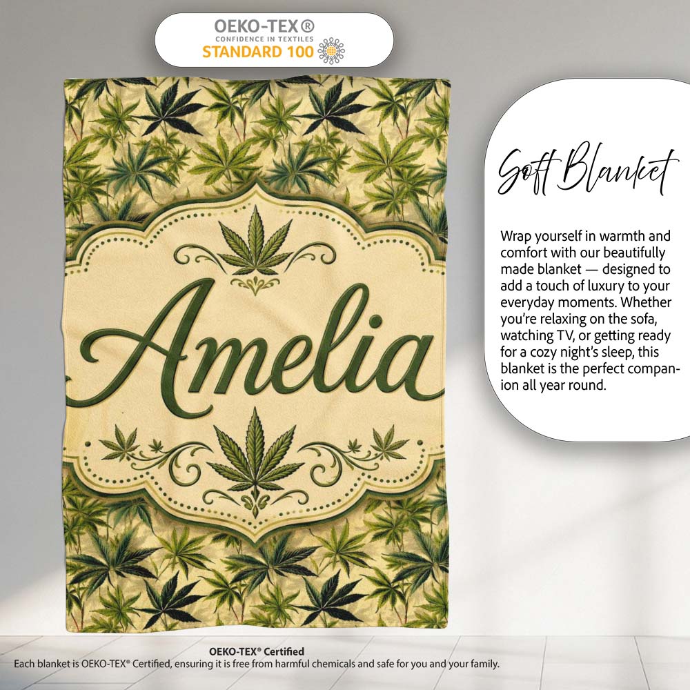 Natural Green Cannabis Leaf Botanical Seamless Pattern Name Cute Personalised Custom Name Super Soft Fleece Blanket Bed Sofa Throw
