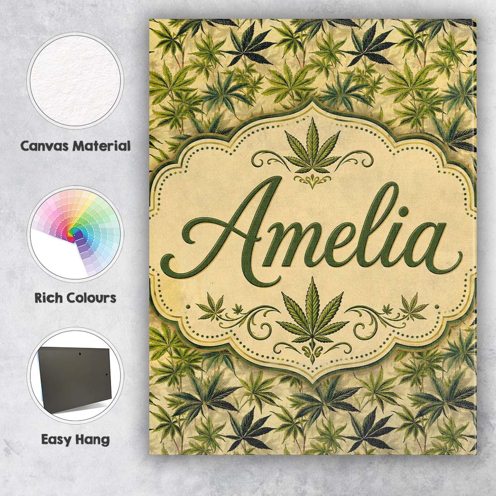 Personalised Name Natural Green Cannabis Custom Unique Gift Idea Elegant Feature Canvas Wall Art Print Decor Picture Ready to Hang