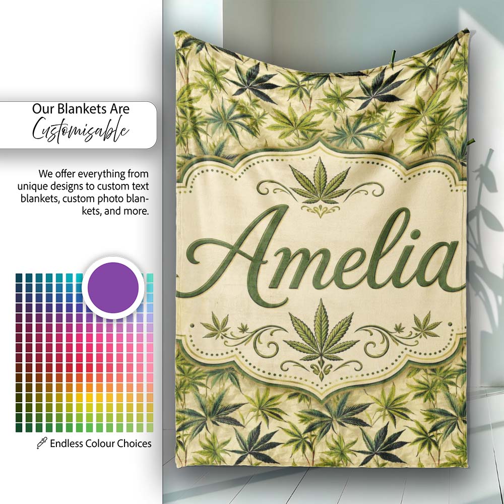 Natural Green Cannabis Leaf Botanical Seamless Pattern Name Cute Personalised Custom Name Super Soft Fleece Blanket Bed Sofa Throw