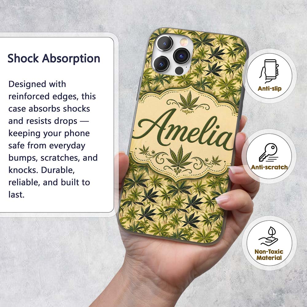 Natural Green Cannabis Leaf Botanical Seamless Custom Name Protective Phone Case Mobile Cover Durable Everyday Smartphone Shock Resistant