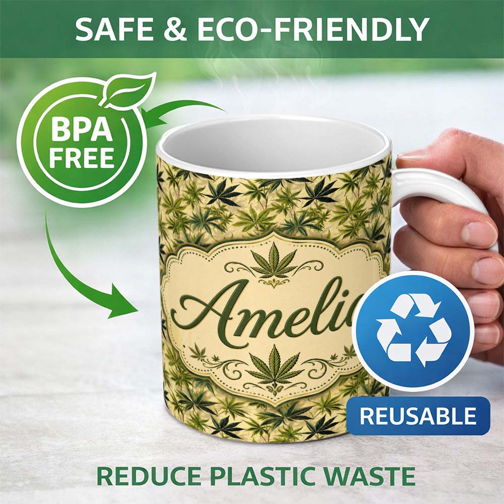 Personalized Custom Name Natural Green Cannabis Leaf Botanical Seamless Pattern Name Cute 11oz Ceramic Coffee Tea Mug White Large Handle