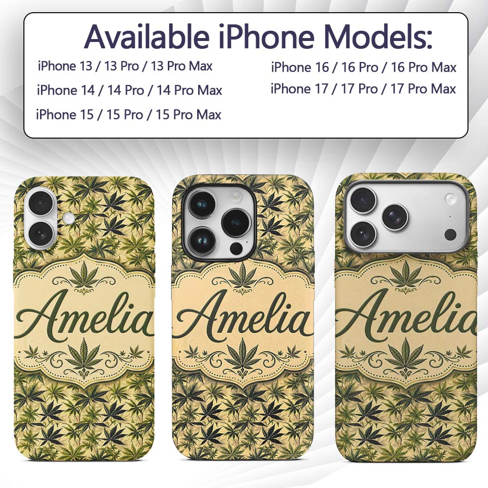 Natural Green Cannabis Leaf Botanical Seamless Custom Name Protective Phone Case Mobile Cover Durable Everyday Smartphone Shock Resistant