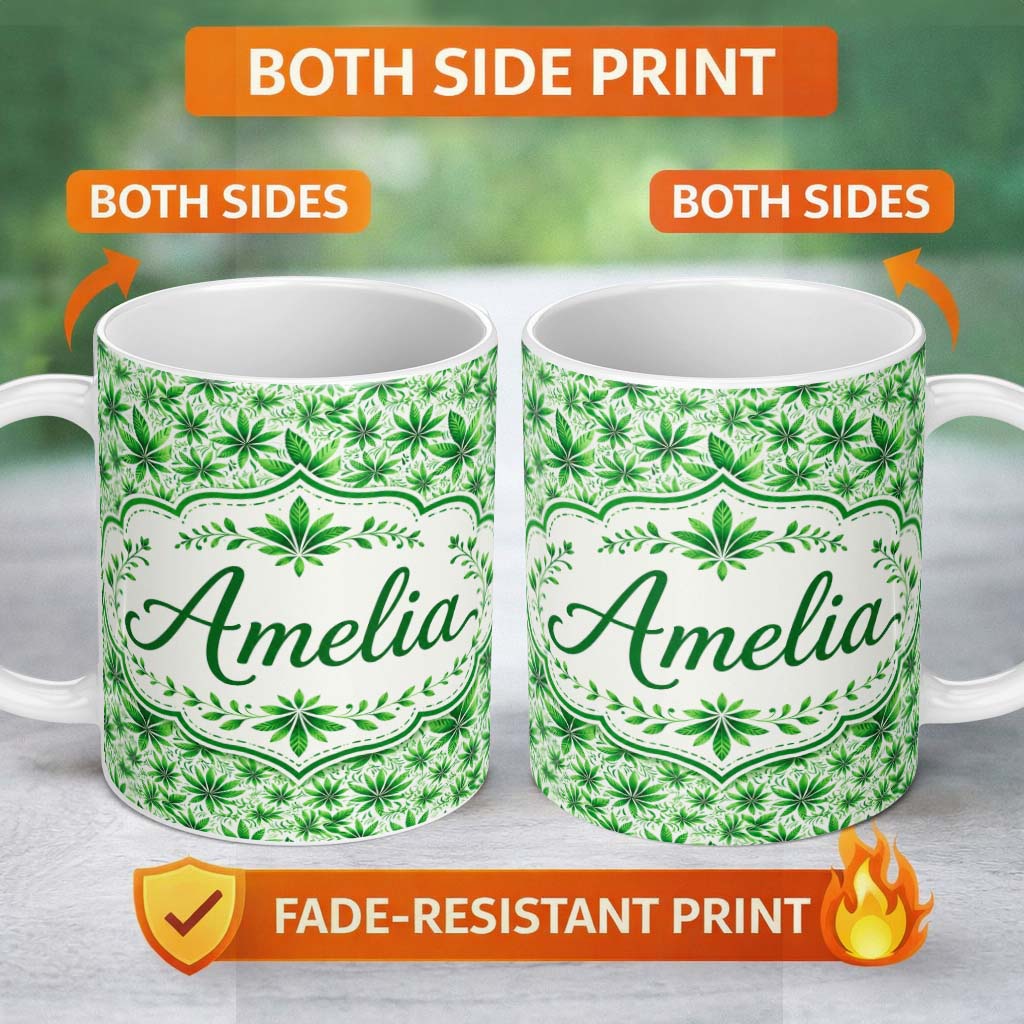Personalized Custom Name Fresh Green Cannabis Leaf Repeat Seamless Pattern Name Cute Unique 11oz Ceramic Coffee Tea Mug White Large Handle