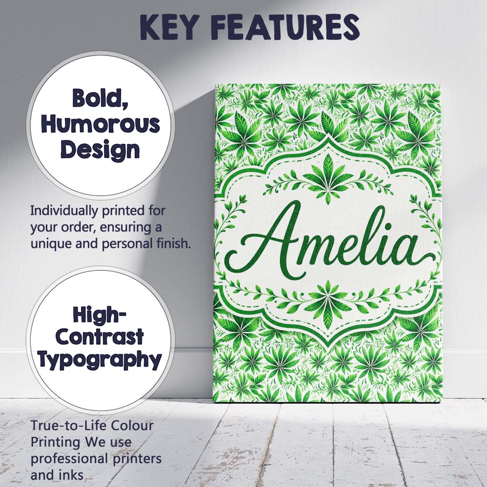 Personalised Name Fresh Green Cannabis Leaf Custom Bespoke Interior Contemporary Canvas Wall Art Print Decor Picture Ready to Hang