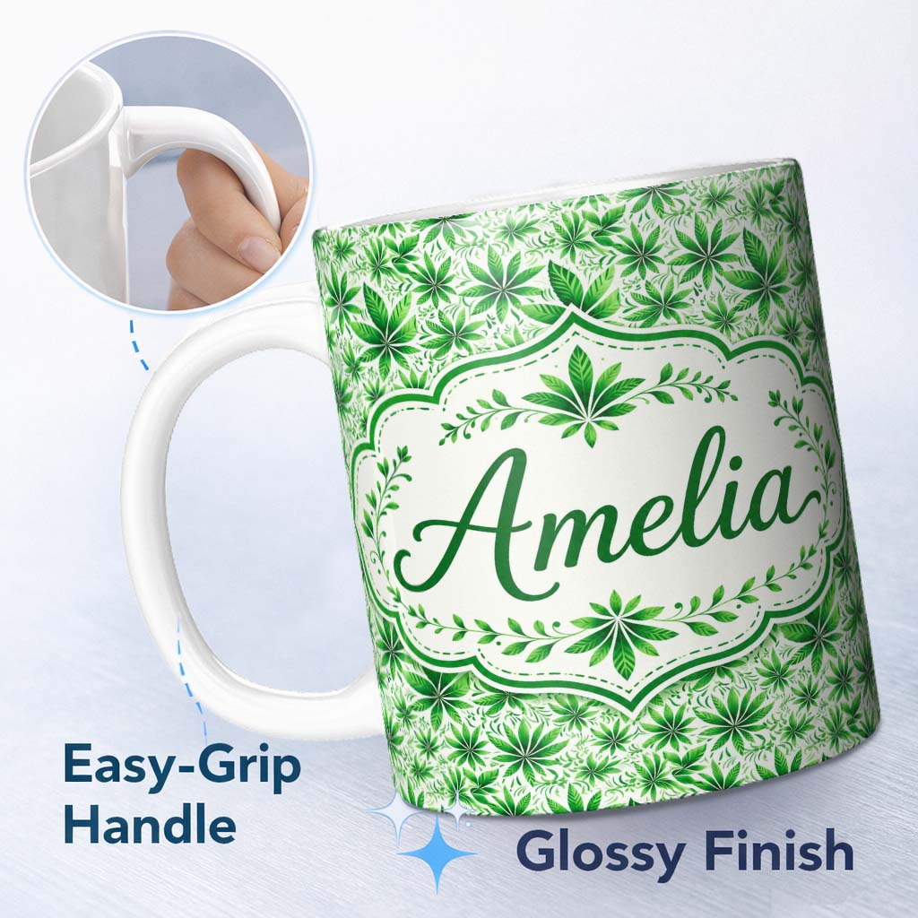 Personalized Custom Name Fresh Green Cannabis Leaf Repeat Seamless Pattern Name Cute Unique 11oz Ceramic Coffee Tea Mug White Large Handle