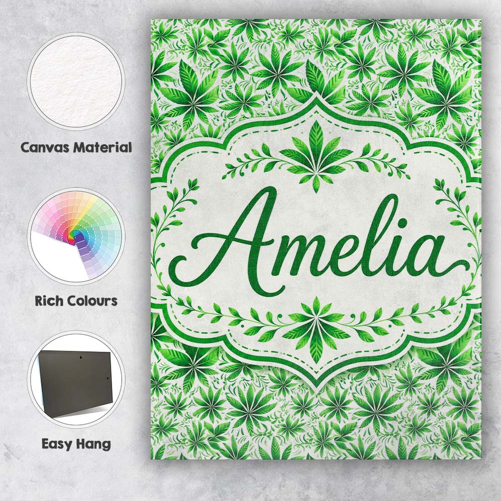 Personalised Name Fresh Green Cannabis Leaf Custom Bespoke Interior Contemporary Canvas Wall Art Print Decor Picture Ready to Hang
