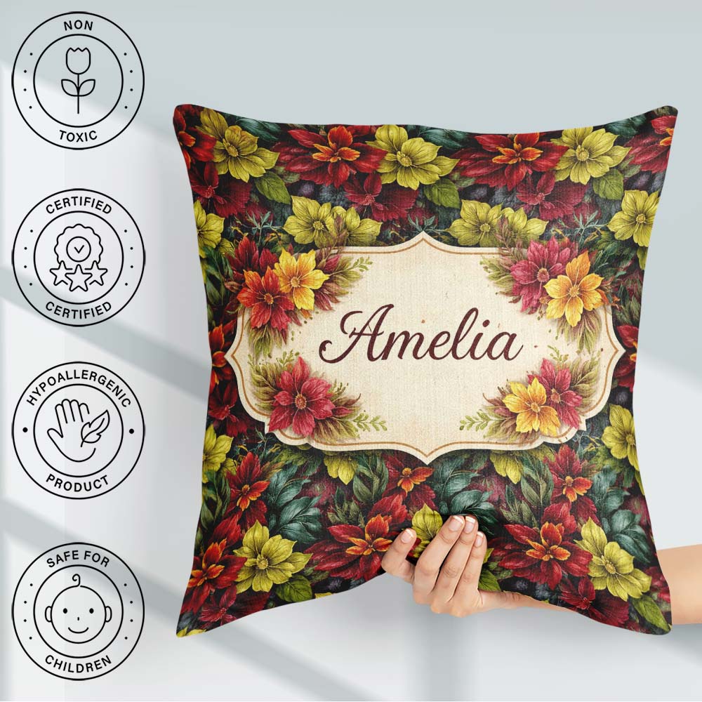 Custom Name Soft Pink Watercolor Leaf Botanical Seamless Pattern Square Filled Cushion Throw Pillow Sofa Bed Home Decor Zip Washable UK Made