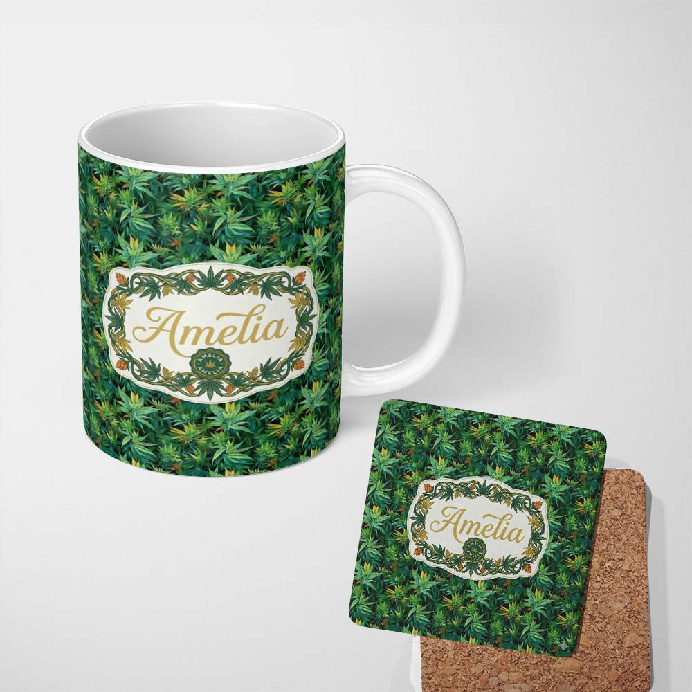 Personalized Custom Name Dark Green Cannabis Jungle Dense Leaf Seamless Pattern Name Cute 11oz Ceramic Coffee Tea Mug White Large Handle