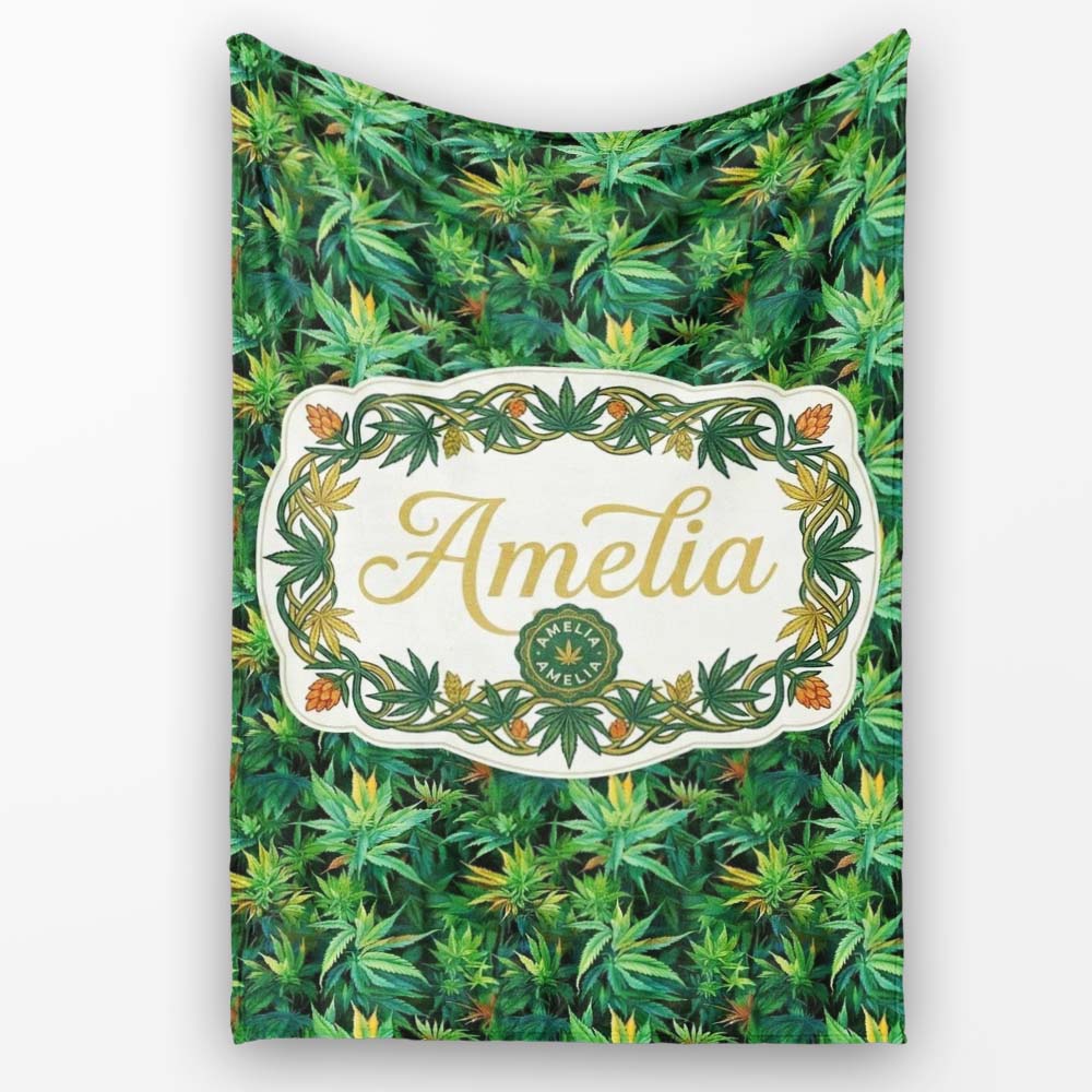 Dark Green Cannabis Jungle Dense Leaf Seamless Pattern Name Cute Personalised Custom Name Super Soft Fleece Blanket Bed Sofa Throw