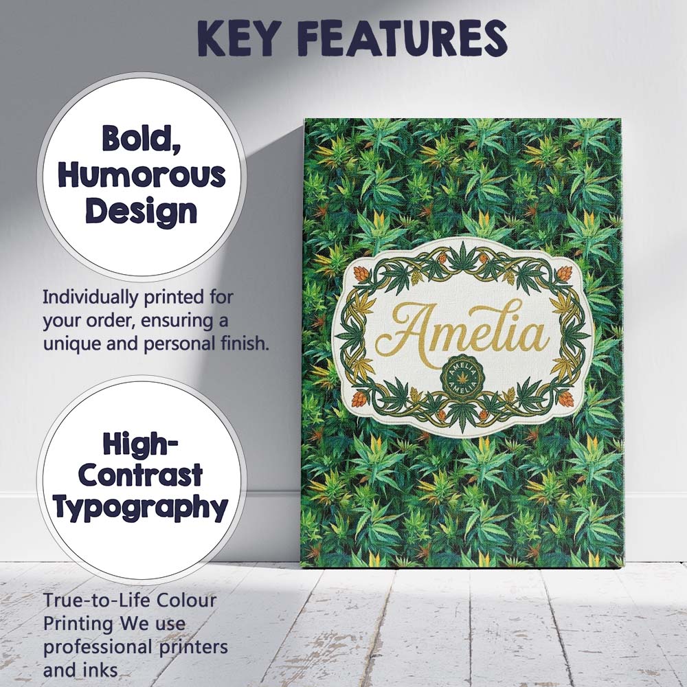 Personalised Name Dark Green Cannabis Custom Modern Room Accent Creative Decorator Style Canvas Wall Art Print Decor Picture Ready to Hang