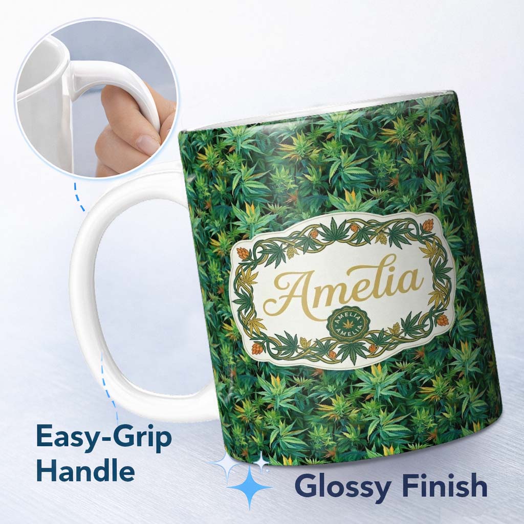 Personalized Custom Name Dark Green Cannabis Jungle Dense Leaf Seamless Pattern Name Cute 11oz Ceramic Coffee Tea Mug White Large Handle