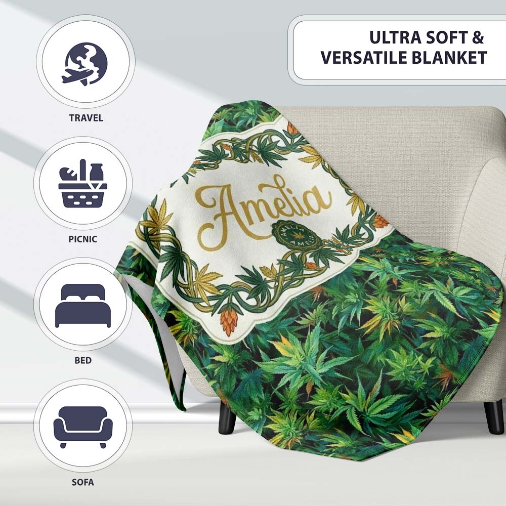 Dark Green Cannabis Jungle Dense Leaf Seamless Pattern Name Cute Personalised Custom Name Super Soft Fleece Blanket Bed Sofa Throw