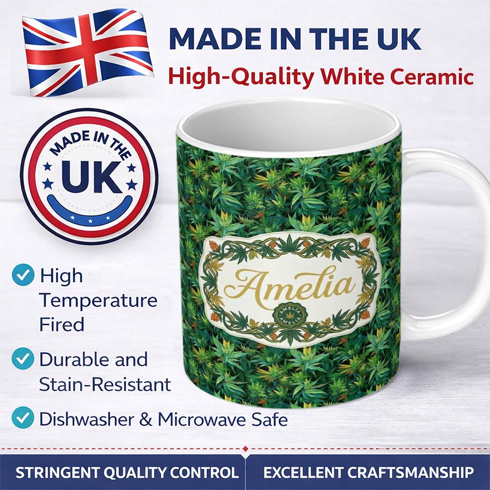 Personalized Custom Name Dark Green Cannabis Jungle Dense Leaf Seamless Pattern Name Cute 11oz Ceramic Coffee Tea Mug White Large Handle