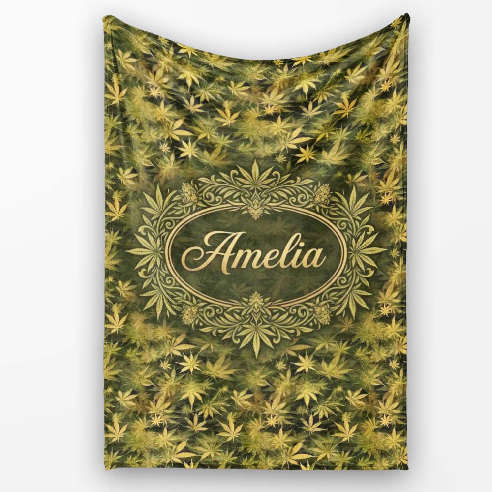 Muted Olive Cannabis Leaf Vintage Style Seamless Pattern Name Cute Personalised Custom Name Super Soft Fleece Blanket Bed Sofa Throw