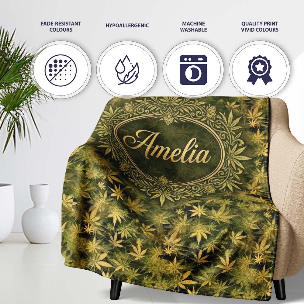 Muted Olive Cannabis Leaf Vintage Style Seamless Pattern Name Cute Personalised Custom Name Super Soft Fleece Blanket Bed Sofa Throw