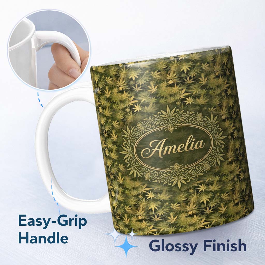 Personalized Custom Name Muted Olive Cannabis Leaf Vintage Style Seamless Pattern Name Cute 11oz Ceramic Coffee Tea Mug White Large Handle