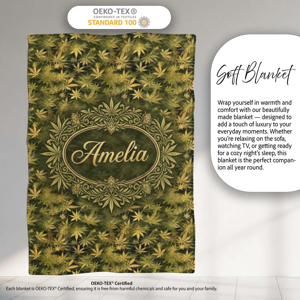 Muted Olive Cannabis Leaf Vintage Style Seamless Pattern Name Cute Personalised Custom Name Super Soft Fleece Blanket Bed Sofa Throw