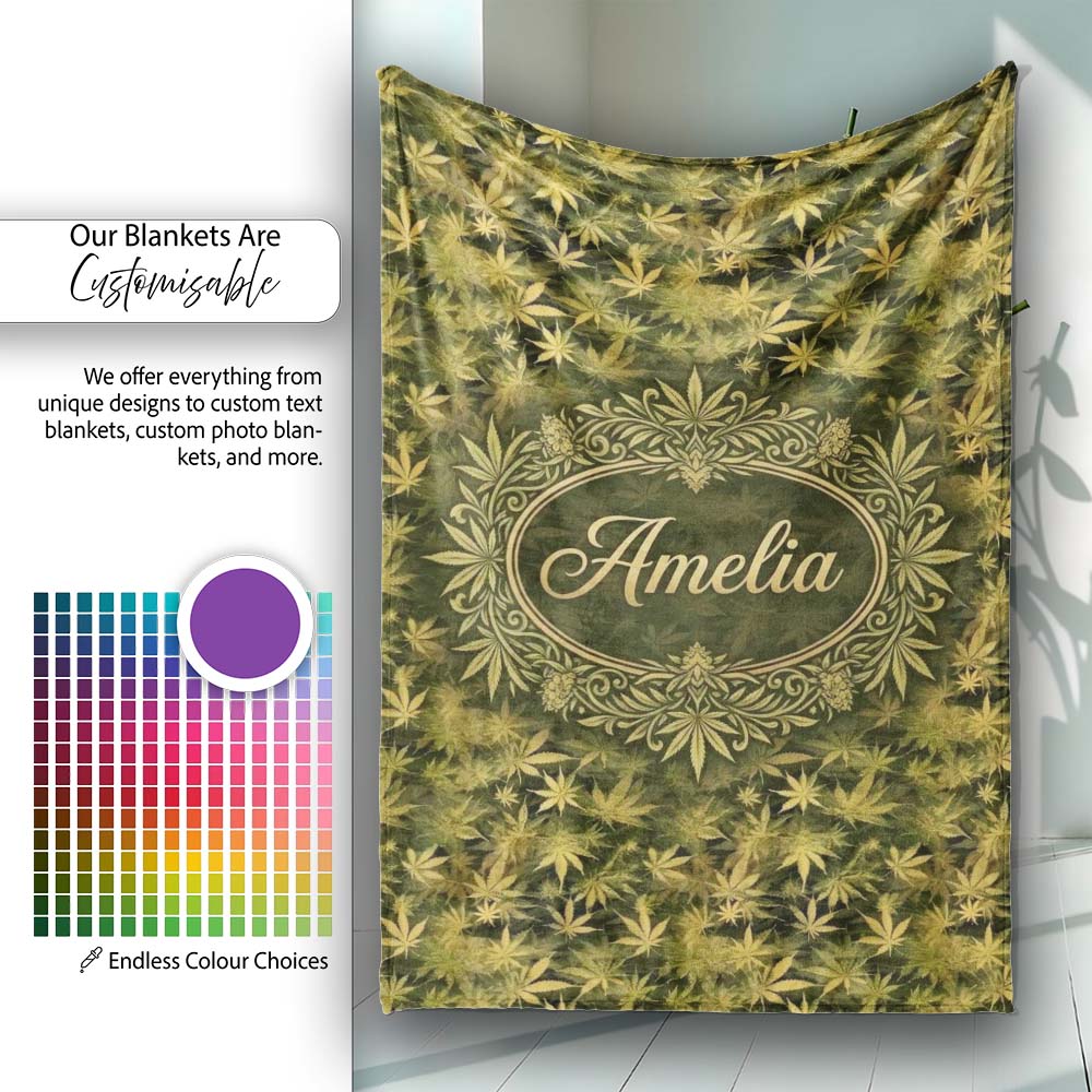 Muted Olive Cannabis Leaf Vintage Style Seamless Pattern Name Cute Personalised Custom Name Super Soft Fleece Blanket Bed Sofa Throw