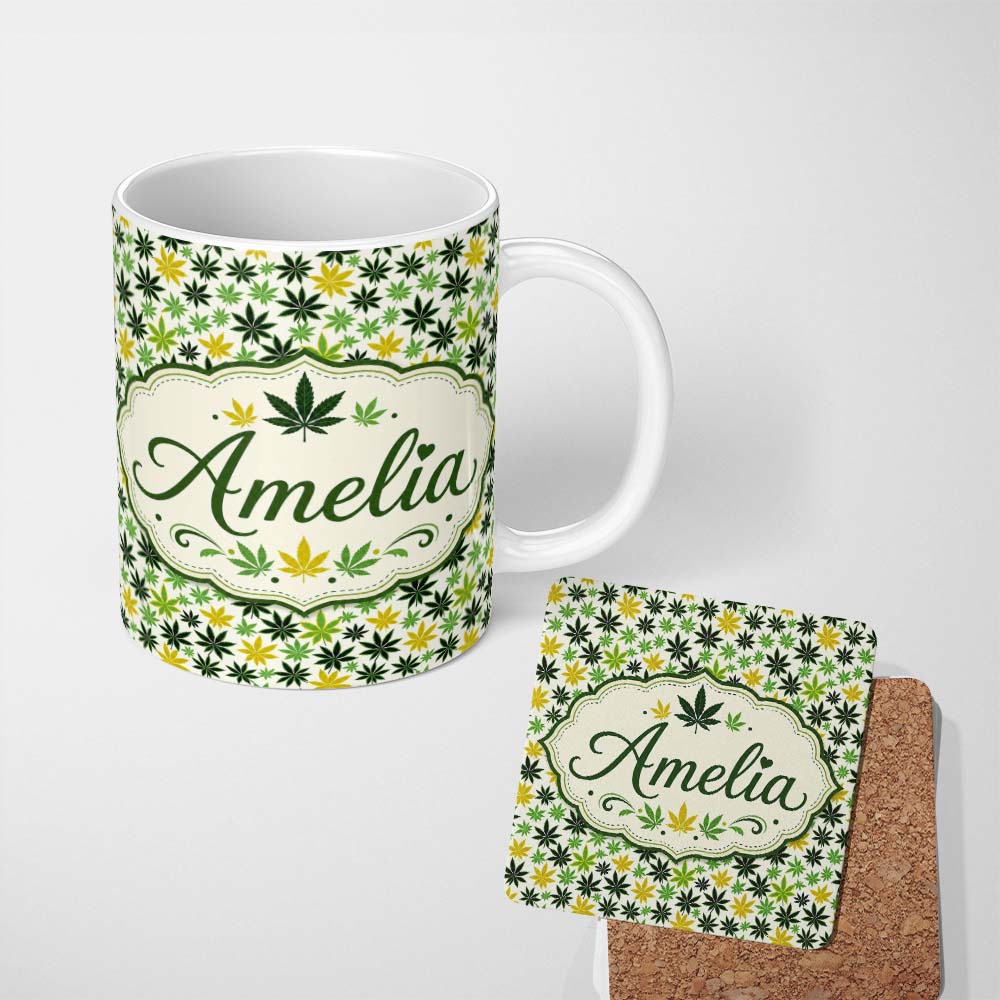 Personalized Custom Name Green Yellow Cannabis Leaf Scatter Seamless Pattern Name Cute 11oz Ceramic Coffee Tea Mug White Large Handle