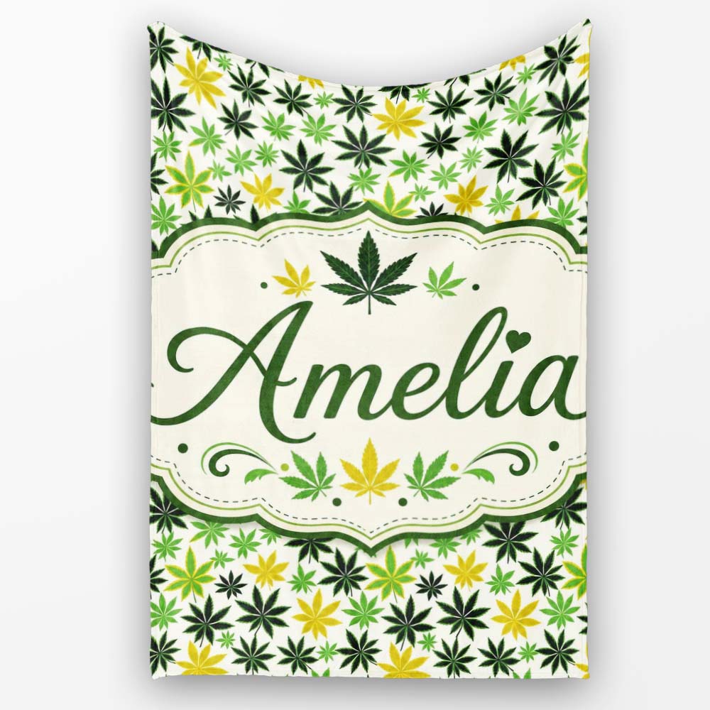 Green Yellow Cannabis Leaf Scatter Seamless Pattern Name Cute Personalised Custom Name Super Soft Fleece Blanket Bed Sofa Throw