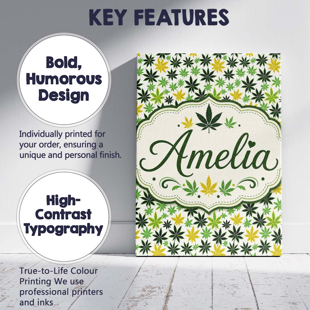 Personalised Name Green Yellow Cannabis Custom Modern Room Accent Elegant Feature Canvas Wall Art Print Decor Picture Ready to Hang