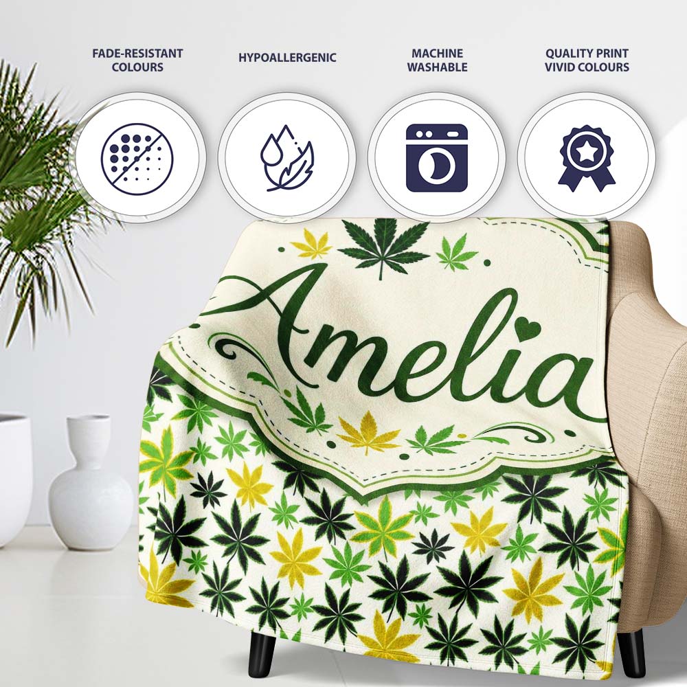 Green Yellow Cannabis Leaf Scatter Seamless Pattern Name Cute Personalised Custom Name Super Soft Fleece Blanket Bed Sofa Throw