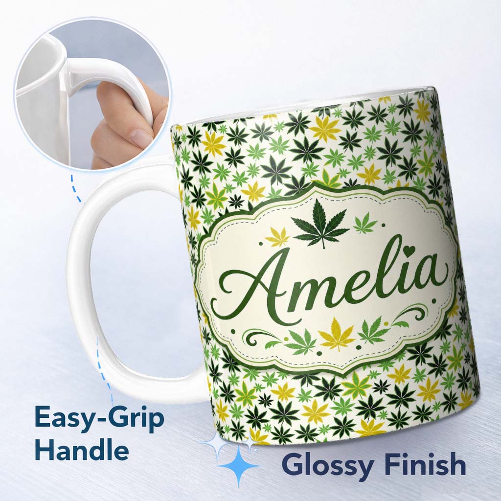 Personalized Custom Name Green Yellow Cannabis Leaf Scatter Seamless Pattern Name Cute 11oz Ceramic Coffee Tea Mug White Large Handle