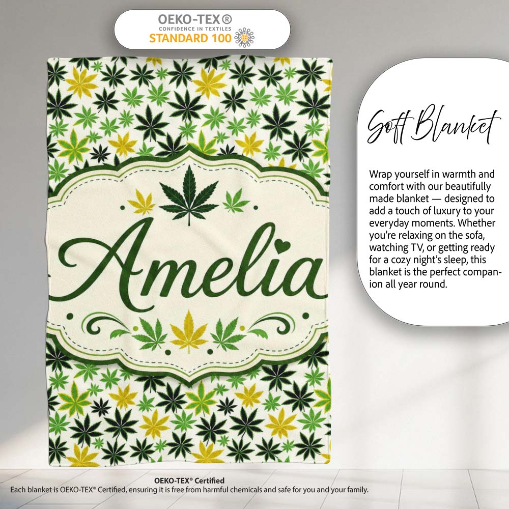 Green Yellow Cannabis Leaf Scatter Seamless Pattern Name Cute Personalised Custom Name Super Soft Fleece Blanket Bed Sofa Throw