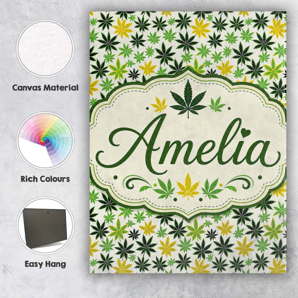 Personalised Name Green Yellow Cannabis Custom Modern Room Accent Elegant Feature Canvas Wall Art Print Decor Picture Ready to Hang