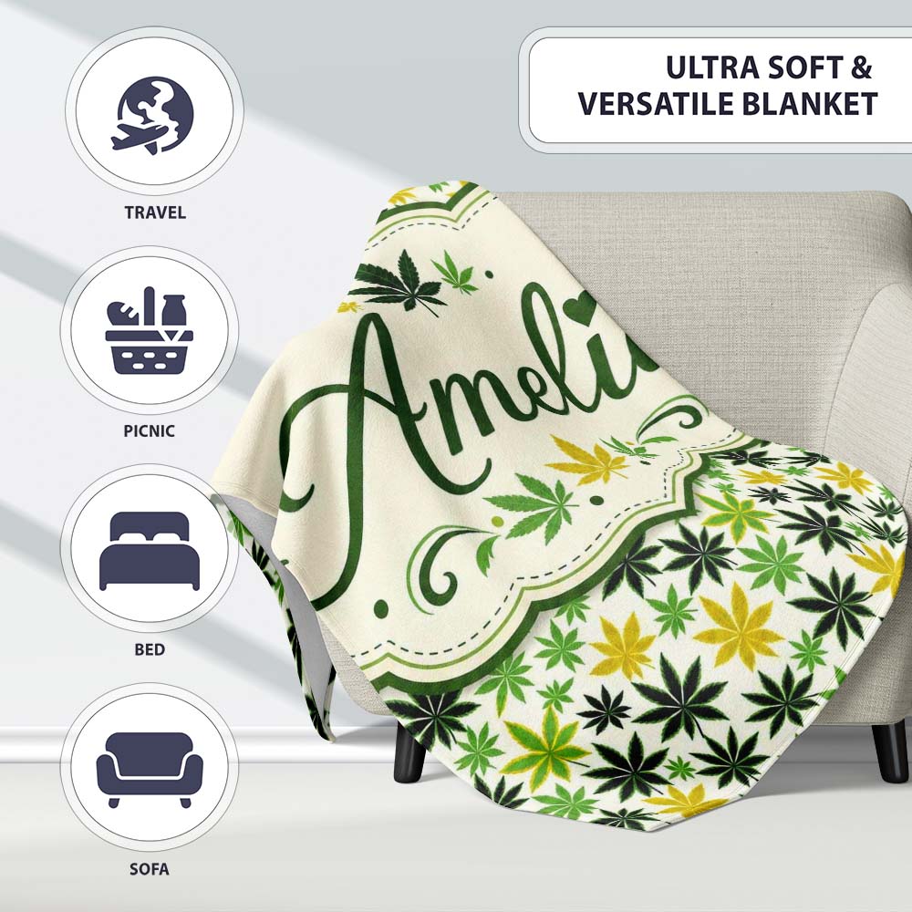 Green Yellow Cannabis Leaf Scatter Seamless Pattern Name Cute Personalised Custom Name Super Soft Fleece Blanket Bed Sofa Throw