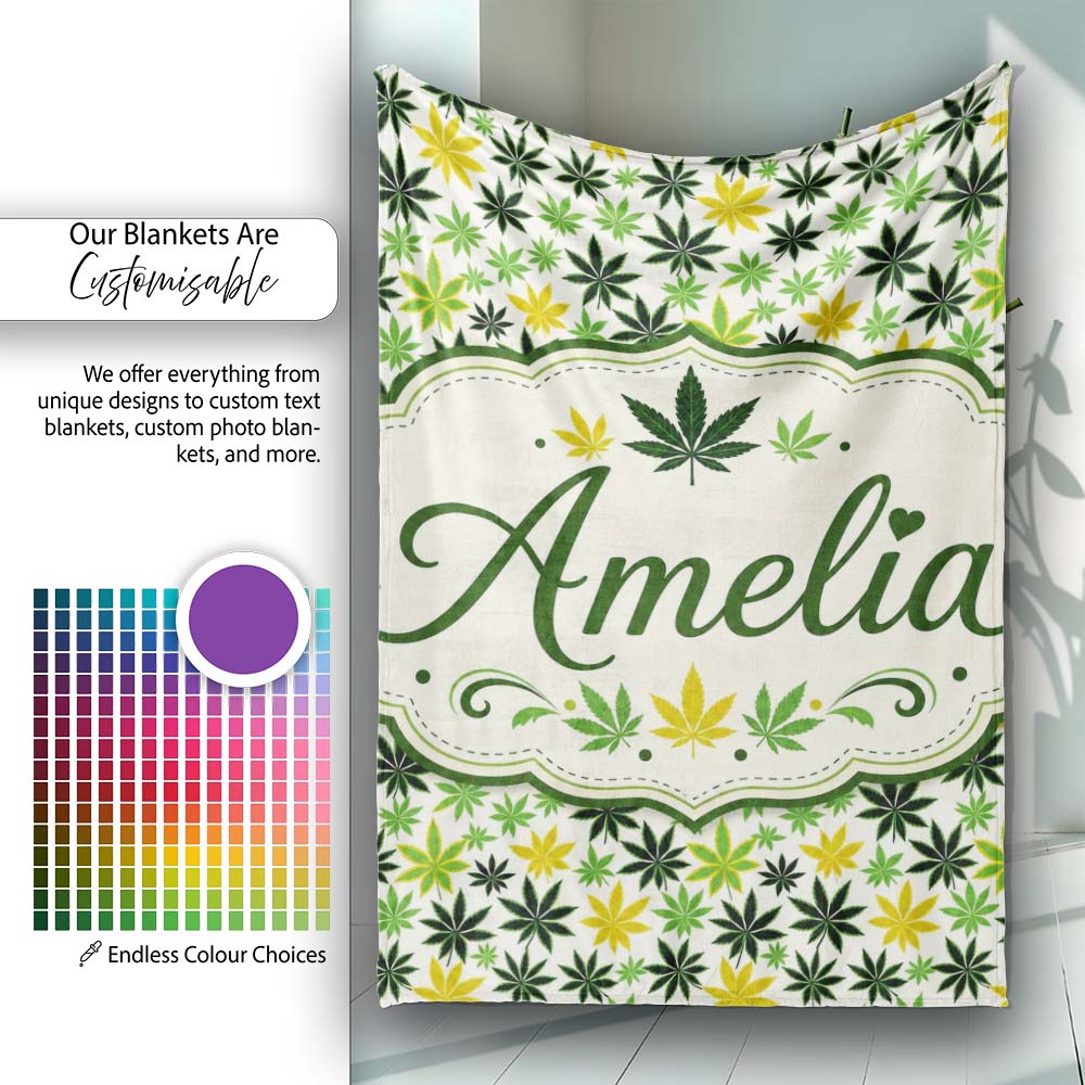 Green Yellow Cannabis Leaf Scatter Seamless Pattern Name Cute Personalised Custom Name Super Soft Fleece Blanket Bed Sofa Throw