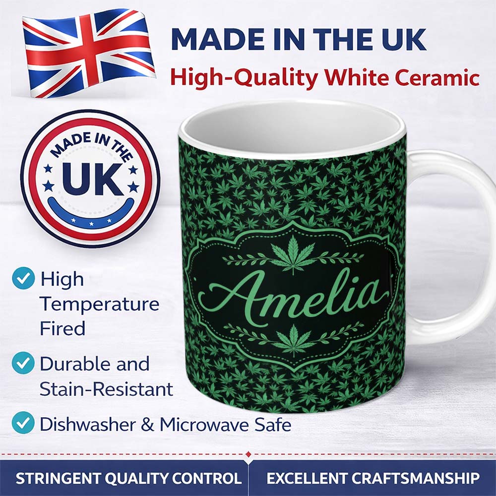 Personalized Custom Name Dark Green Cannabis Leaf Scatter on Black Seamless Pattern Name Cute 11oz Ceramic Coffee Tea Mug White Large Handle