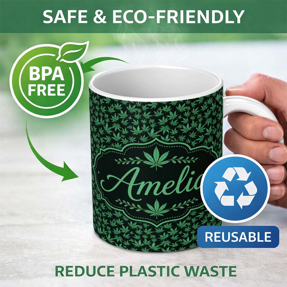 Personalized Custom Name Dark Green Cannabis Leaf Scatter on Black Seamless Pattern Name Cute 11oz Ceramic Coffee Tea Mug White Large Handle