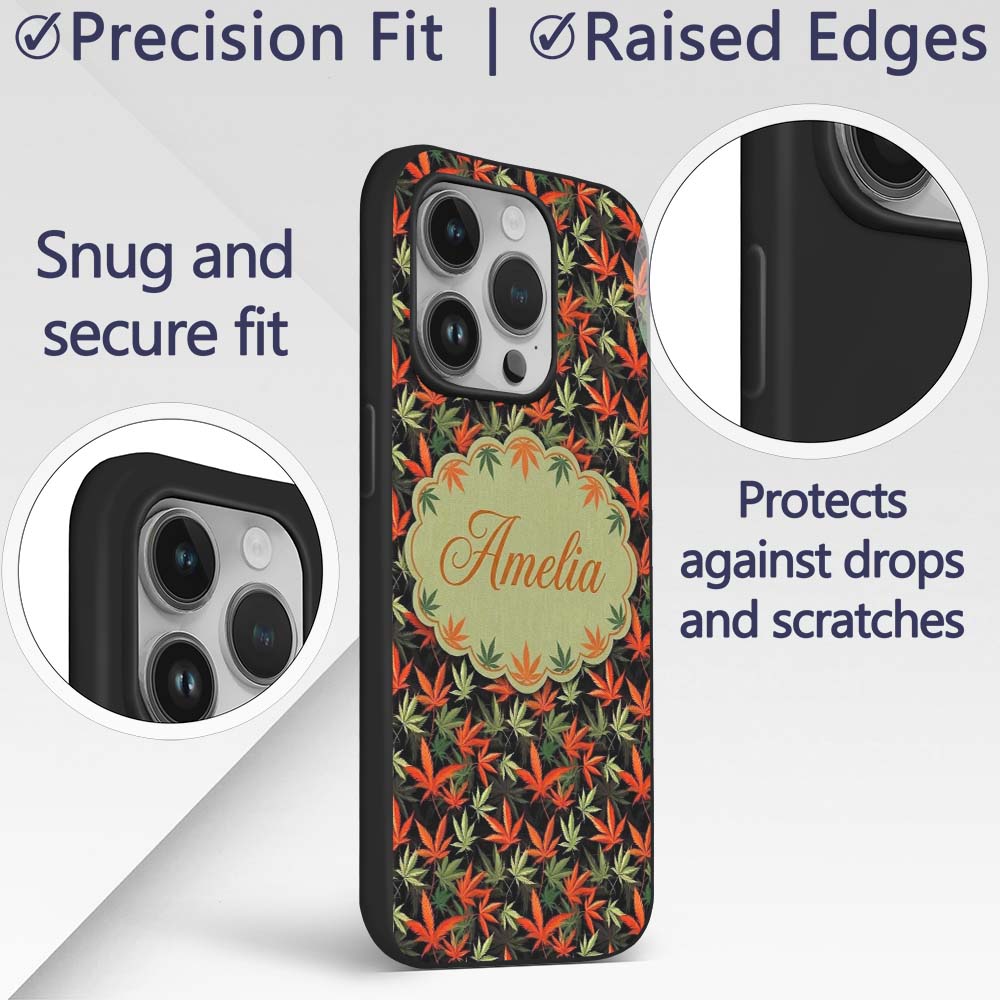 Autumn Red and Green Cannabis Printed Design Custom Name Protective Phone Case Mobile Cover Durable Everyday Smartphone Shock Resistant