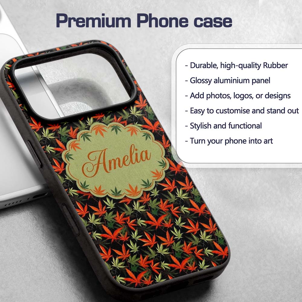 Autumn Red and Green Cannabis Printed Design Custom Name Protective Phone Case Mobile Cover Durable Everyday Smartphone Shock Resistant