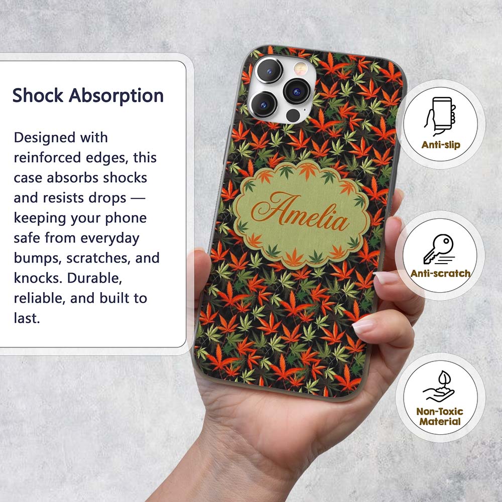 Autumn Red and Green Cannabis Printed Design Custom Name Protective Phone Case Mobile Cover Durable Everyday Smartphone Shock Resistant