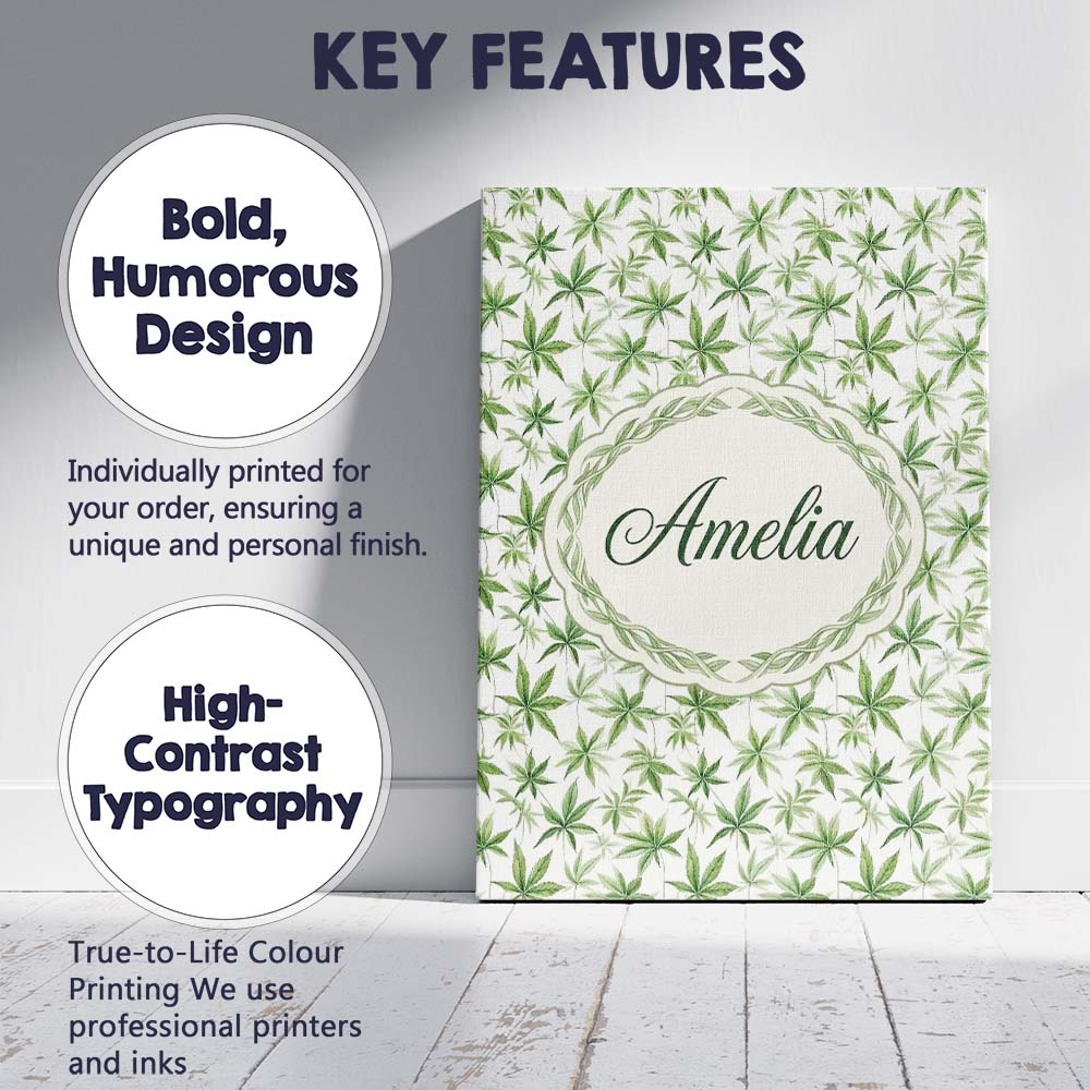 Personalised Name Soft Green Cannabis Leaf Custom Unique Gift Idea Elegant Feature Canvas Wall Art Print Decor Picture Ready to Hang