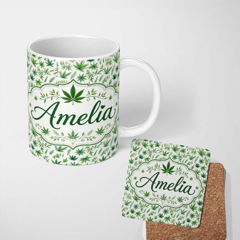 Personalized Custom Name Botanical Mixed Green Leaves and Cannabis Seamless Pattern Name Cute 11oz Ceramic Coffee Tea Mug White Large Handle