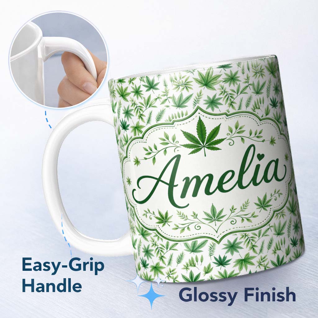 Personalized Custom Name Botanical Mixed Green Leaves and Cannabis Seamless Pattern Name Cute 11oz Ceramic Coffee Tea Mug White Large Handle