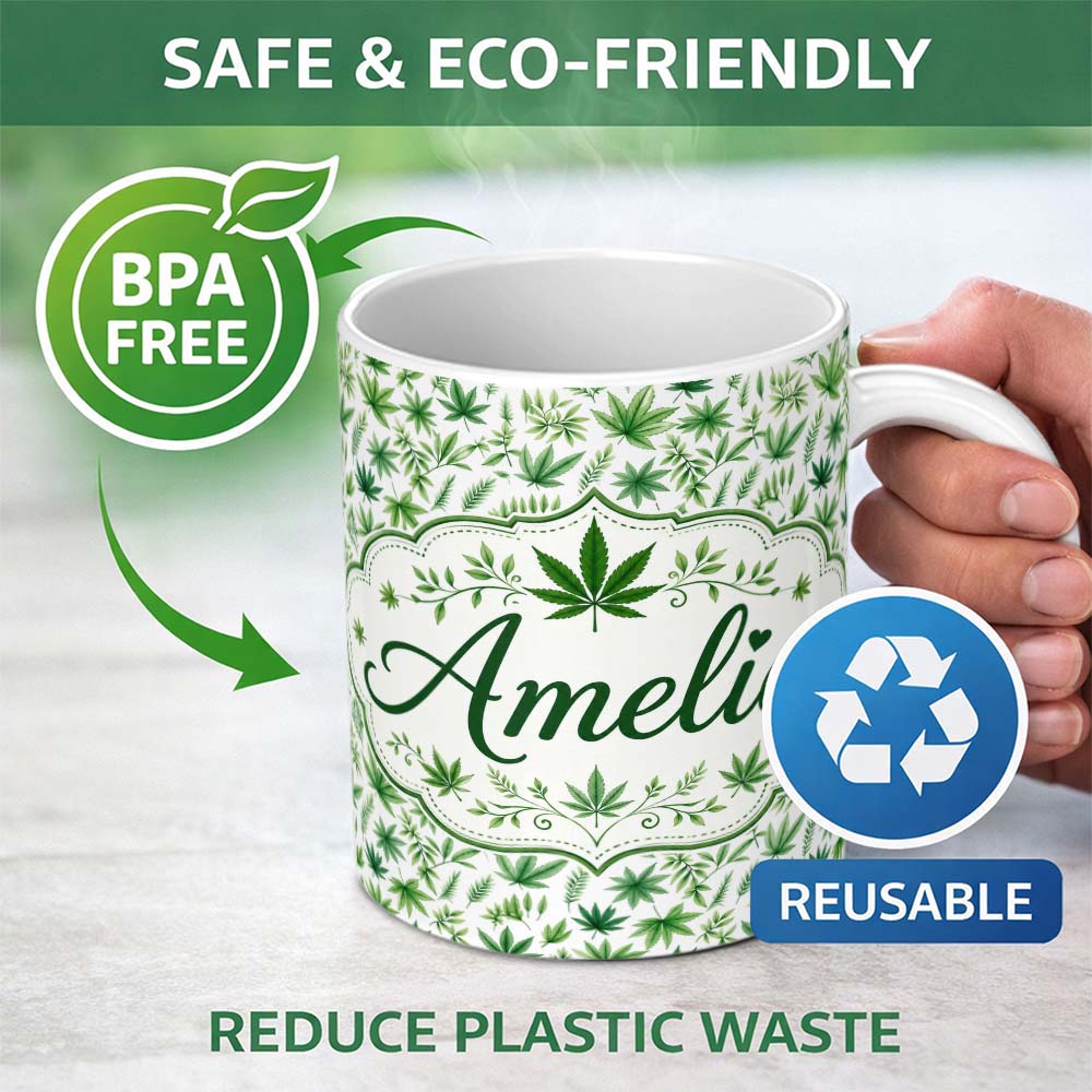 Personalized Custom Name Botanical Mixed Green Leaves and Cannabis Seamless Pattern Name Cute 11oz Ceramic Coffee Tea Mug White Large Handle