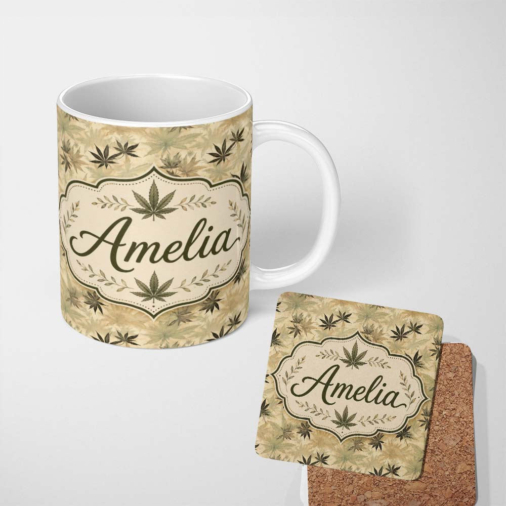 Personalized Custom Name Vintage Beige and Brown Cannabis Leaf Seamless Pattern Name Cute 11oz Ceramic Coffee Tea Mug White Large Handle